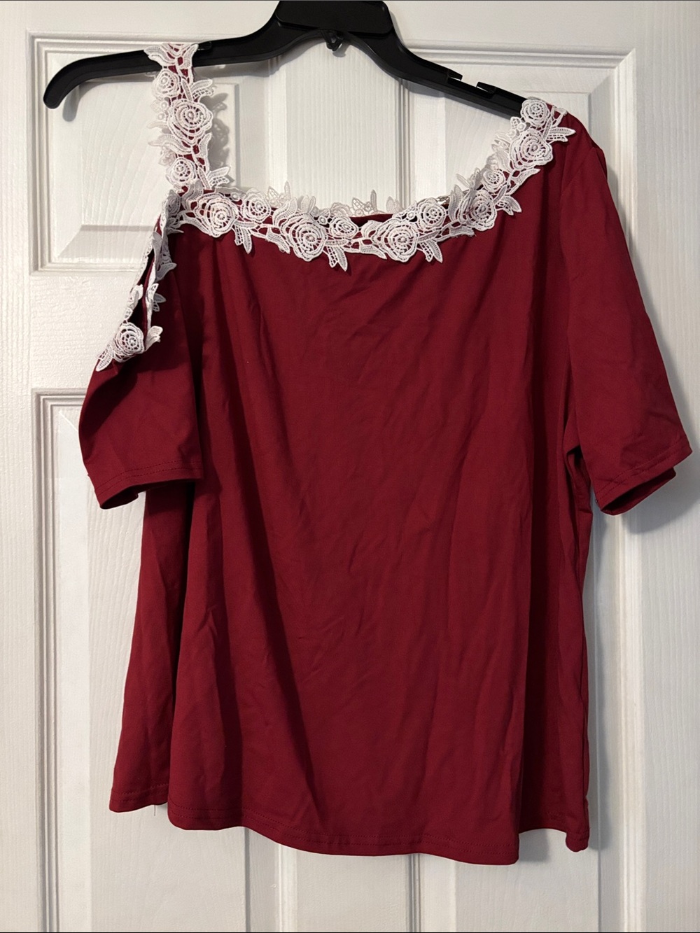 SHEIN Burgundy Off-Shoulder Tee with White Lace